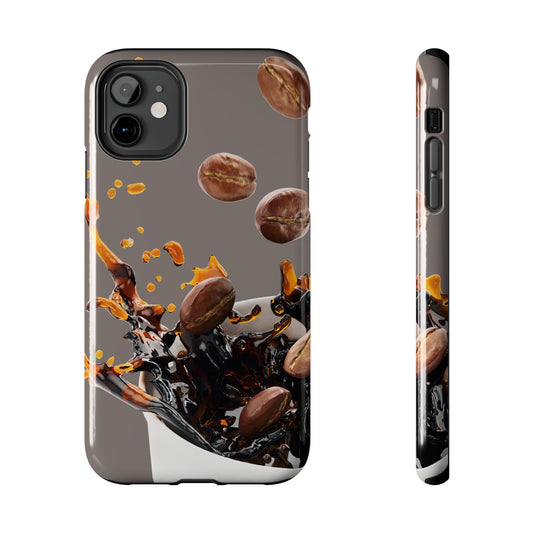 photo of a phone case for coffee lovers with a picture of coffee splashing and scattered coffee beans