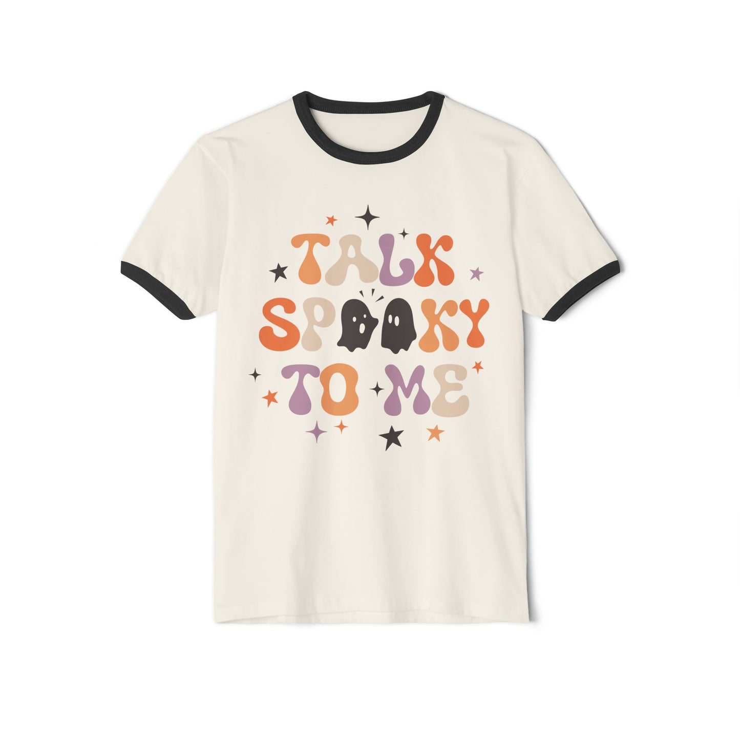 The "Talk Spooky To Me" Unisex Cotton Ringer Halloween T-Shirt in Natural/Black features "Talk Spooky to Me" text in colorful letters, adorned with ghost and star graphics.