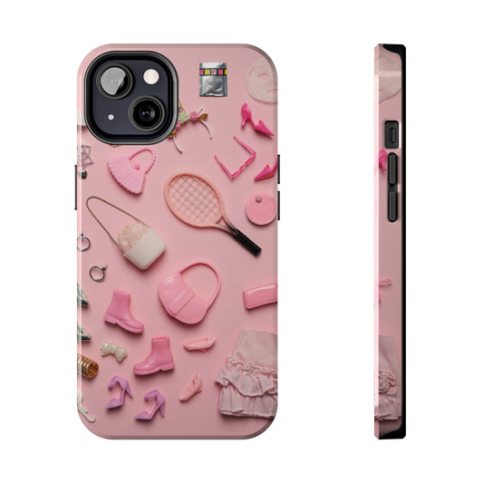 picture of a barbie phone case that has pictures of barbie accessories on it