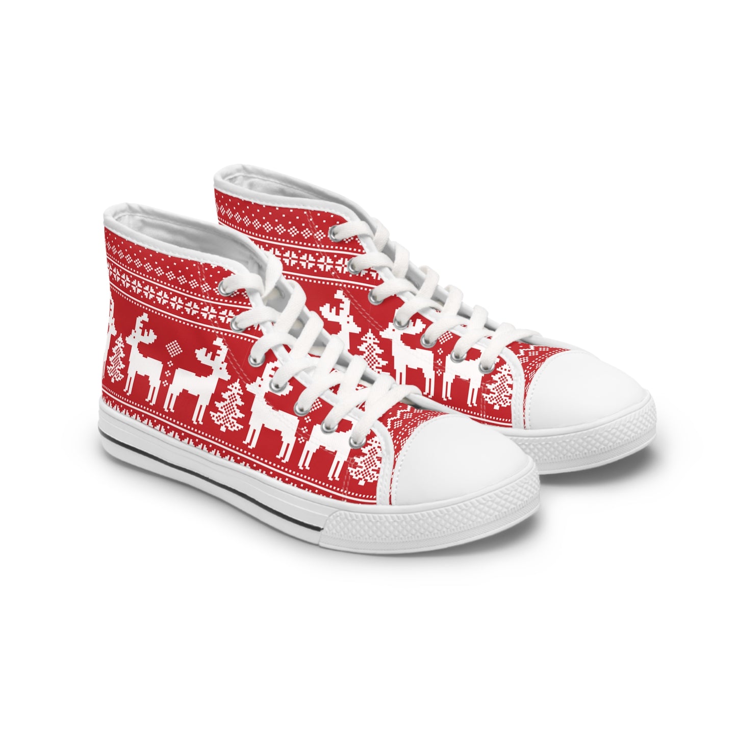 red women's high top christmas sneakers with a reindeer pattern. The shoes are made to look like christmas sweater print.