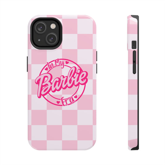 picture of a barbie themed phone case that says, "in my barbie era" with the classic barbie logo