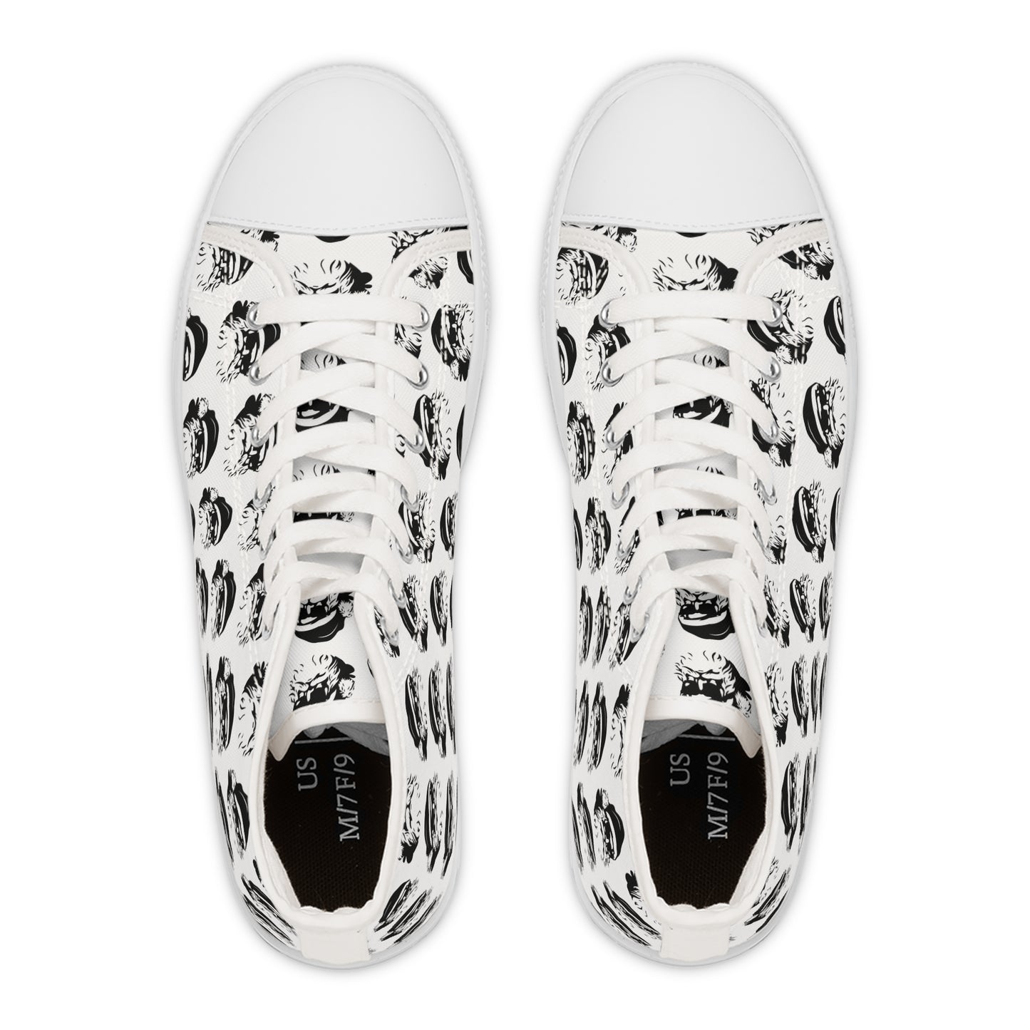 christmas high top sneakers with a black and white pattern of santa wearing sunglasses