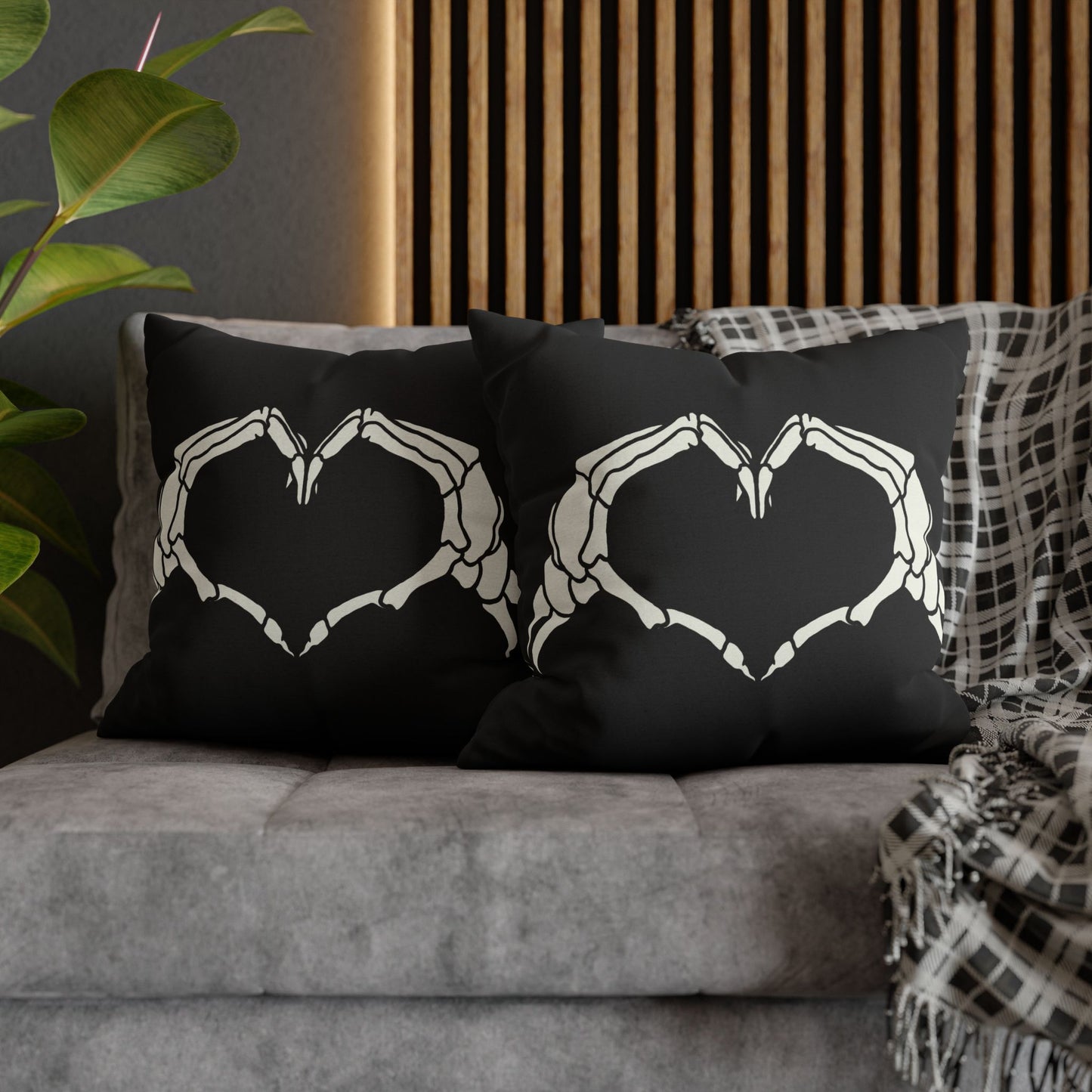 Skeleton Heart Hands, Black - Halloween Pillow Cover