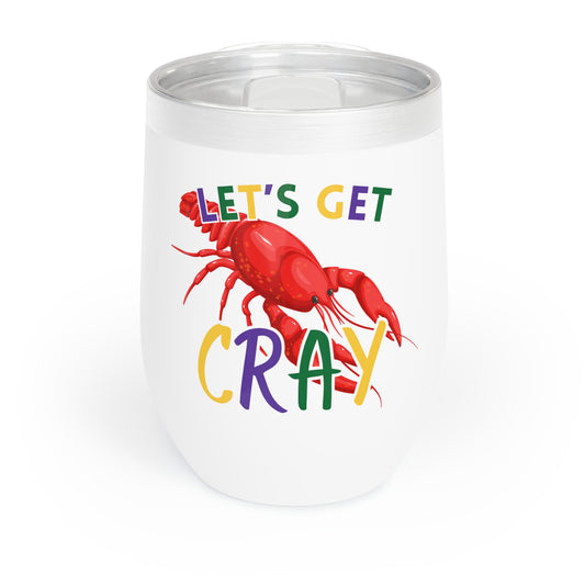 mardi gras themed wine tumbler that says let's get cray with a crawfish design