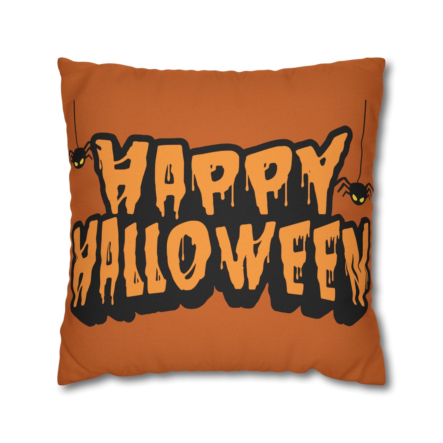 Happy Halloween" pillow cover featuring the text "Happy Halloween" in dripping black letters and adorned with two small spider designs in the corners.