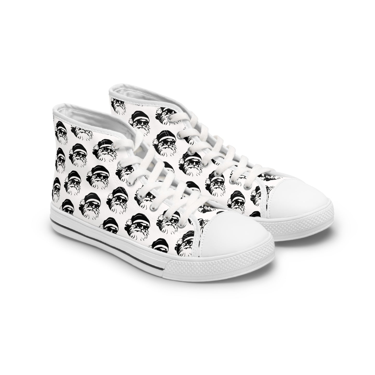 christmas high top sneakers with a black and white pattern of santa wearing sunglasses