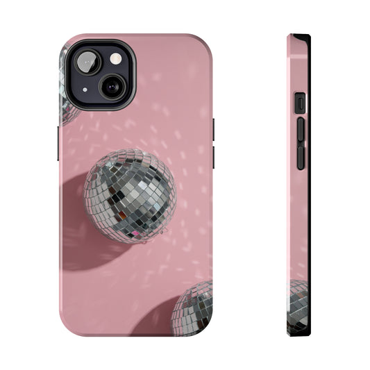 picture of a pink barbie themed phone case with disco balls on it