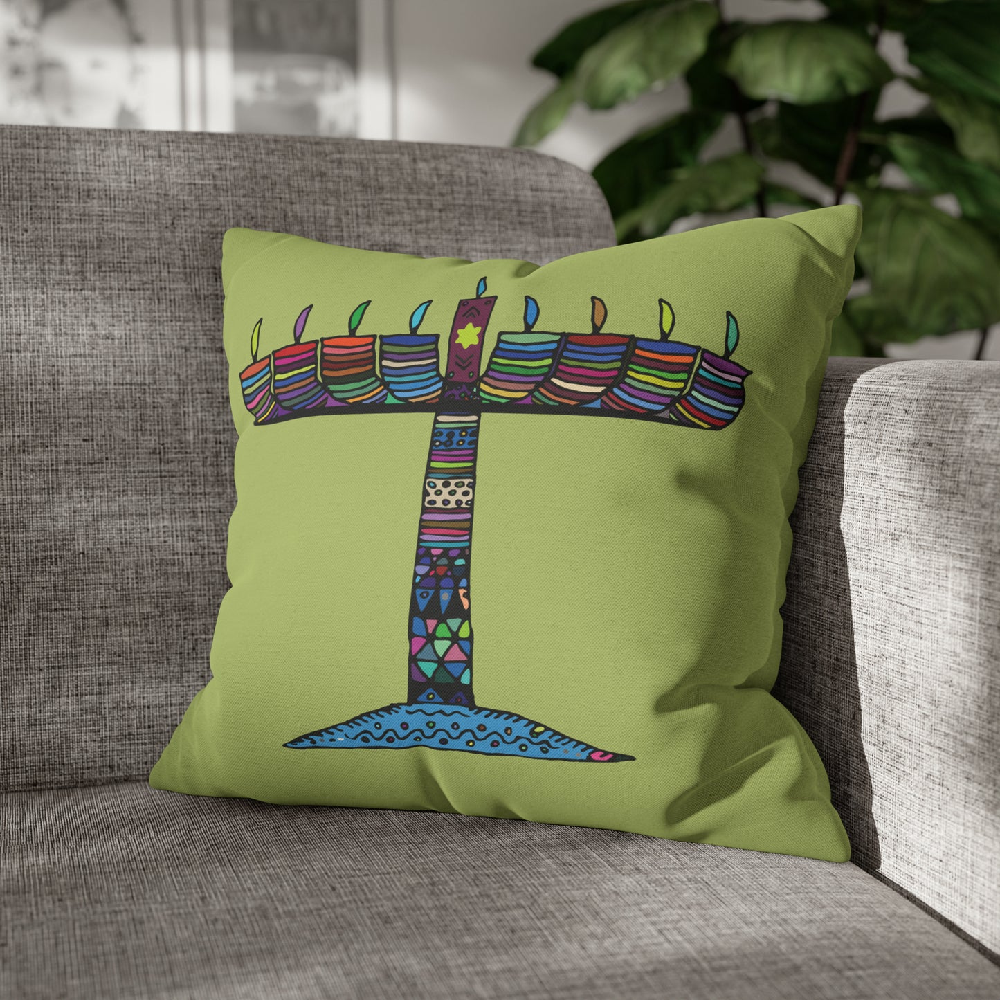 Mosaic Menorah Hanukkah Pillow Cover, Green