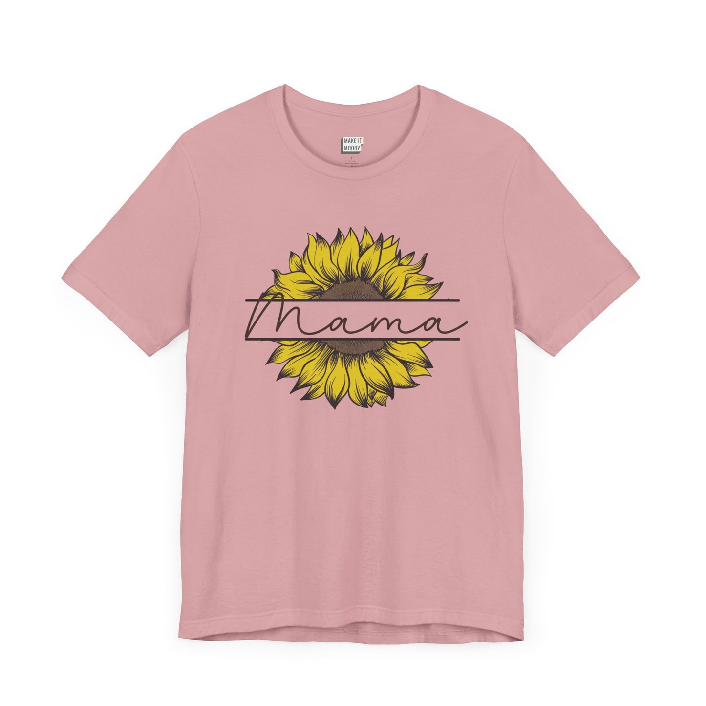 Mom t-shirt in light pink featuring a sunflower graphic with the word Mama across it in script font.