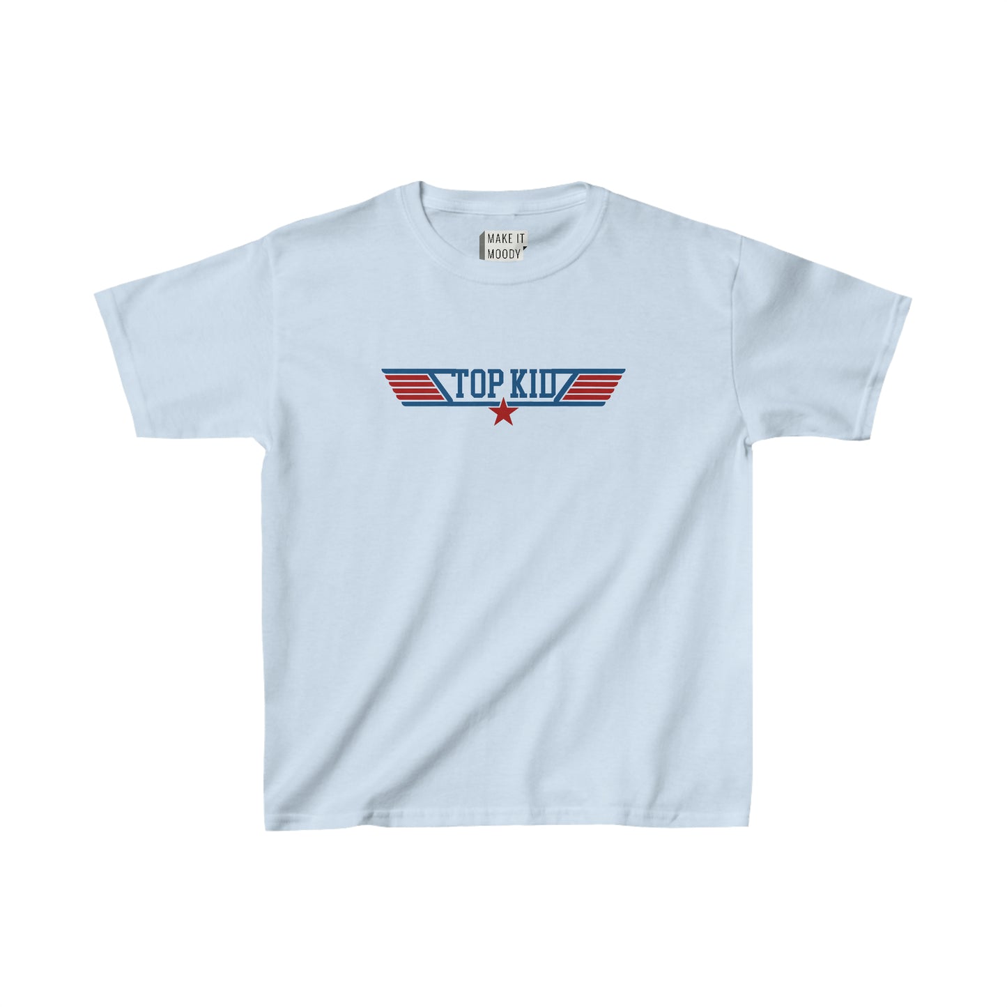 Top Kid" Aviation Tee in Light Blue featuring "Top Kid" text, star, and wings logo in red and blue on the front.