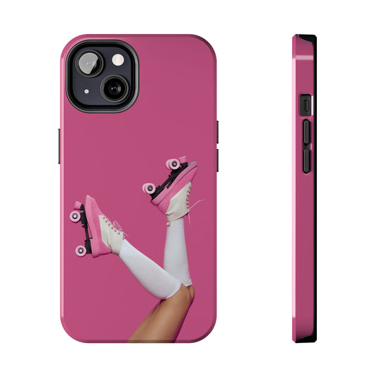 fun pink barbie themed phone case with a picture of barbie's legs in the air wearing skates