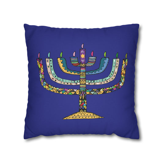 Mosaic Menorah Hanukkah Pillow Cover, Blue