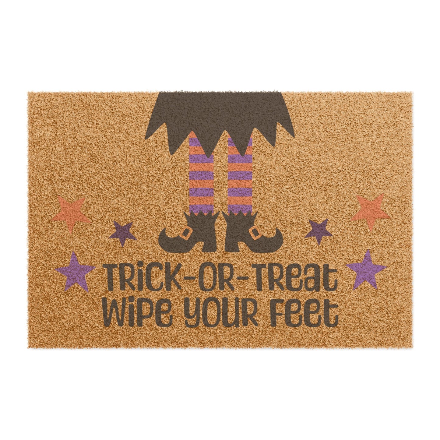 Introducing the "Trick-or-Treat Wipe Your Feet" Halloween Doormat, featuring witch's legs and festive text surrounded by purple and orange stars.