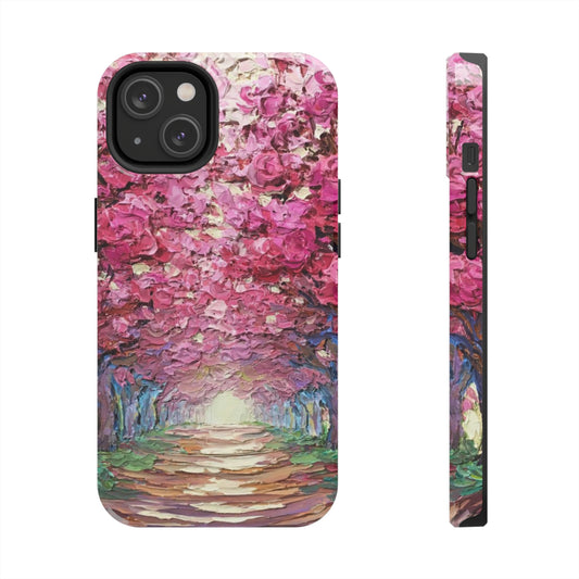 phone case featuring a painting of a sunlit path lined with beautiful cherry blossom trees
