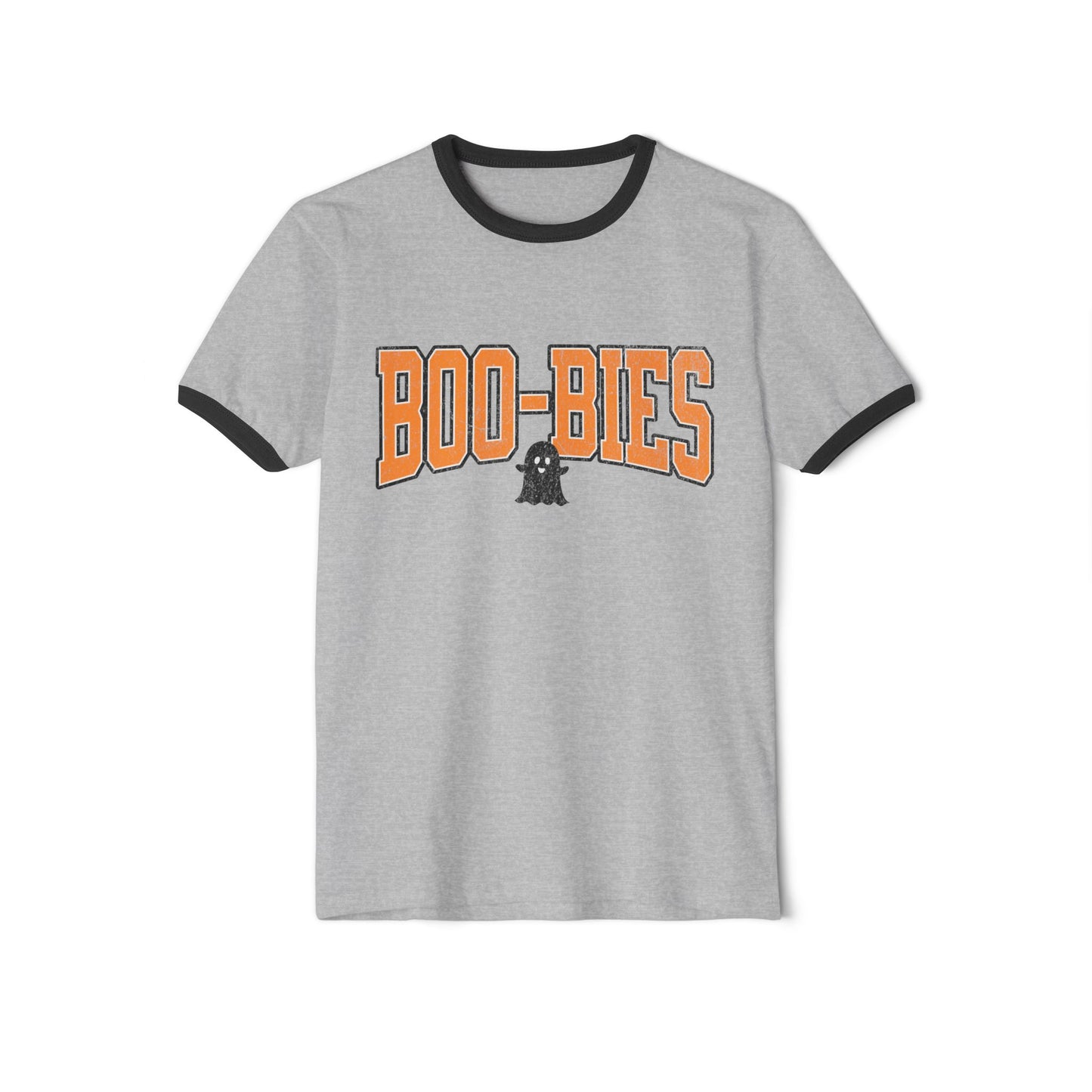 Grey breastfeeding Halloween T-Shirt with black collar and sleeve trim. It showcases BOO-BIES in bold orange letters along with a small ghost graphic below the text.