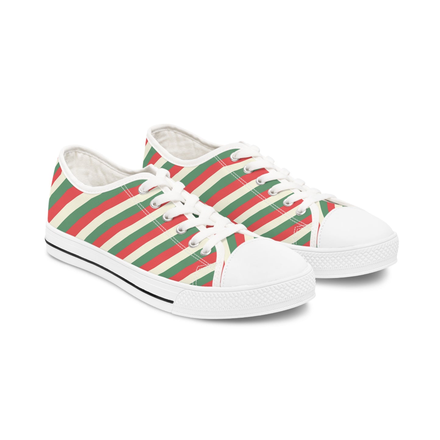 converse style christmas sneakers with red, green, and cream stripe pattern