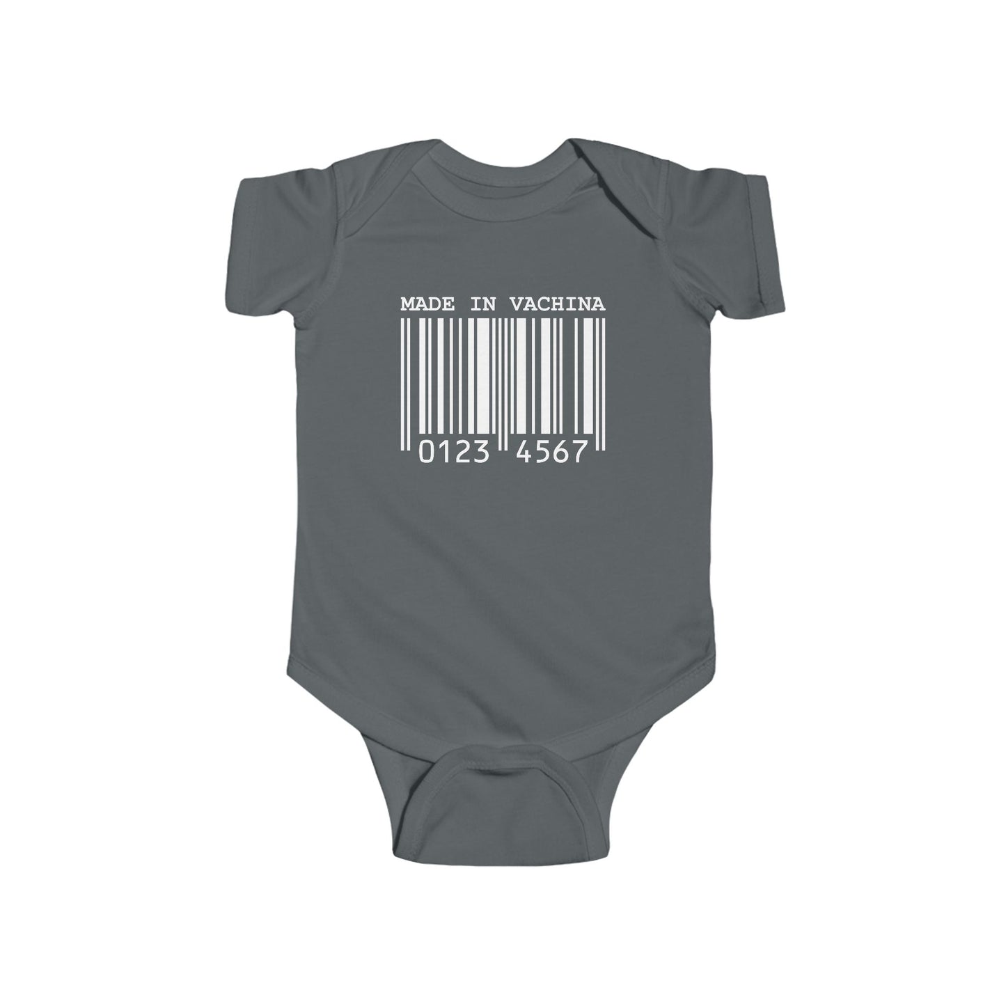 Grey infant bodysuit that says MADE IN VACHINA with a graphic of a barcode