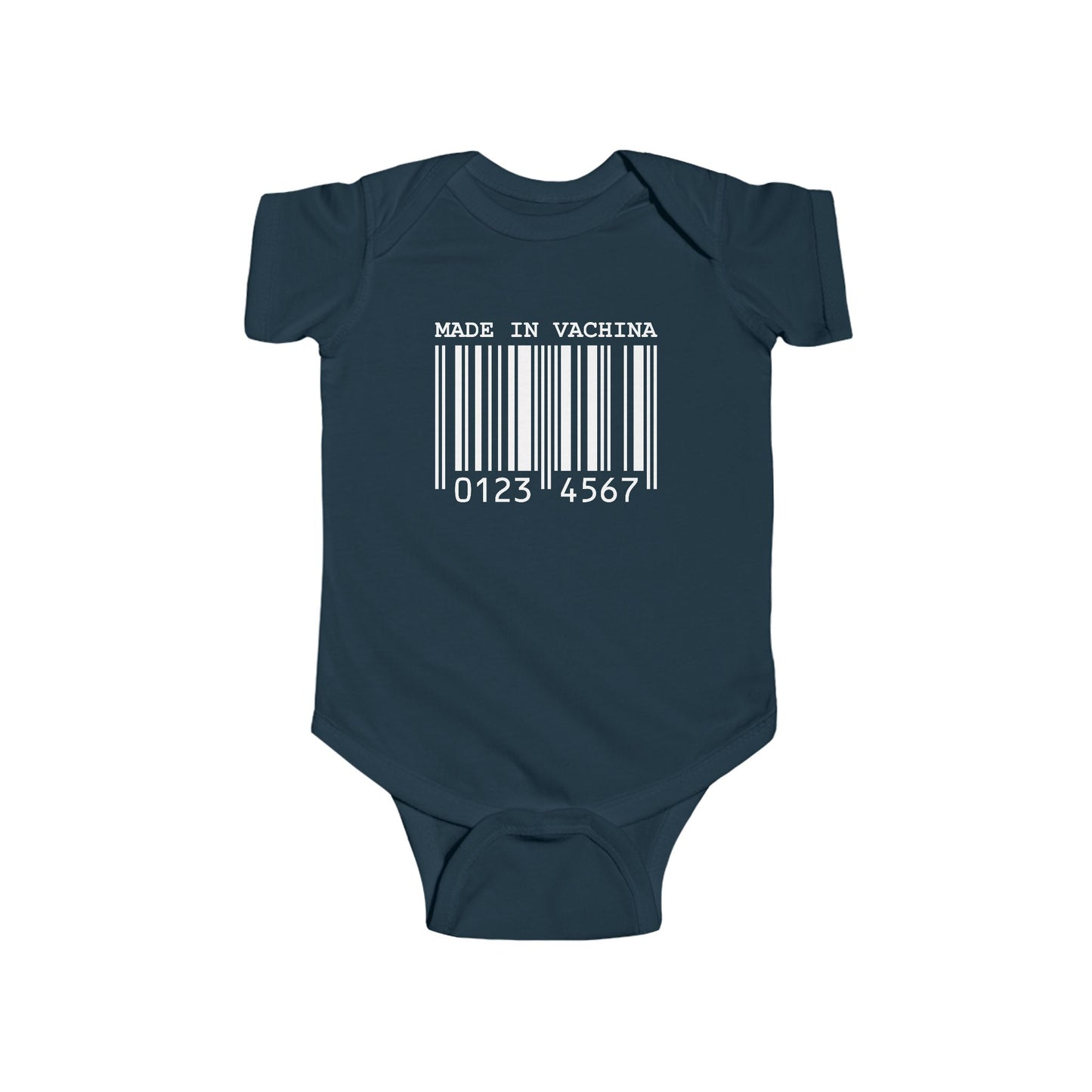 Navy infant bodysuit that says MADE IN VACHINA with a graphic of a barcode