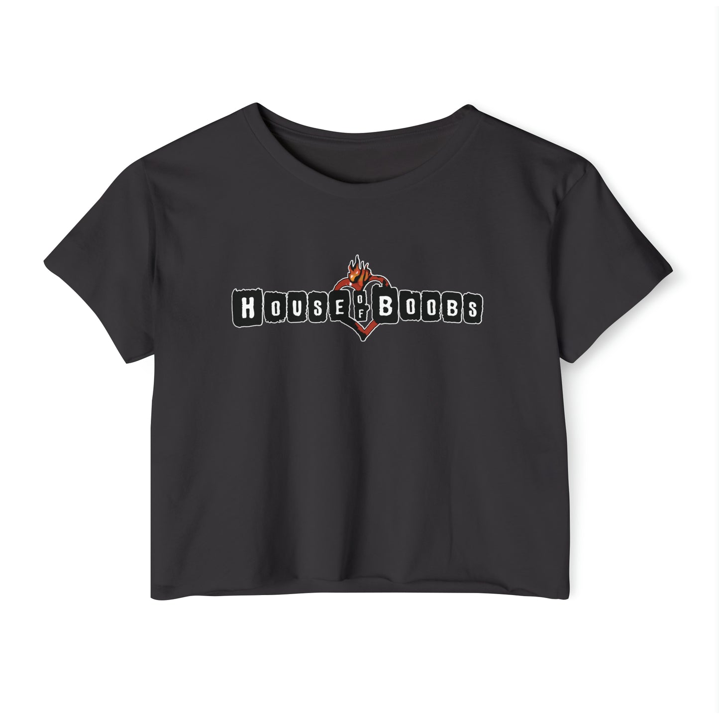 cropped breastfeeding t-shirt in black with the logo house of boobs in print, similar to the look of the house of blues logo