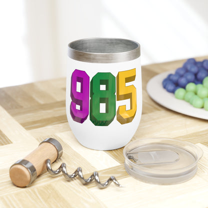 mardi gras themed wine tumbler with "985" area code printed on it