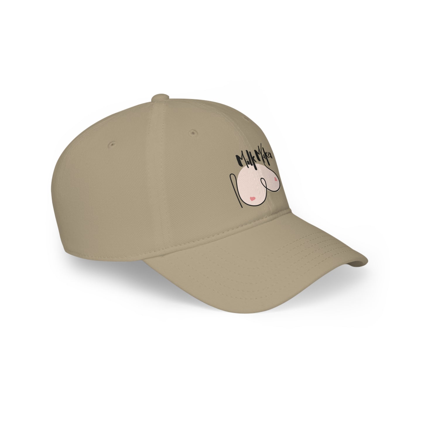 The "Milk Maker" Breastfeeding Hat, a tan baseball cap crafted from 100% cotton twill, boasts minimalist artwork depicting a pair of breasts and the word "MANKIND" on the front—ideal for breastfeeding moms who proudly embrace their role as Milk Makers.