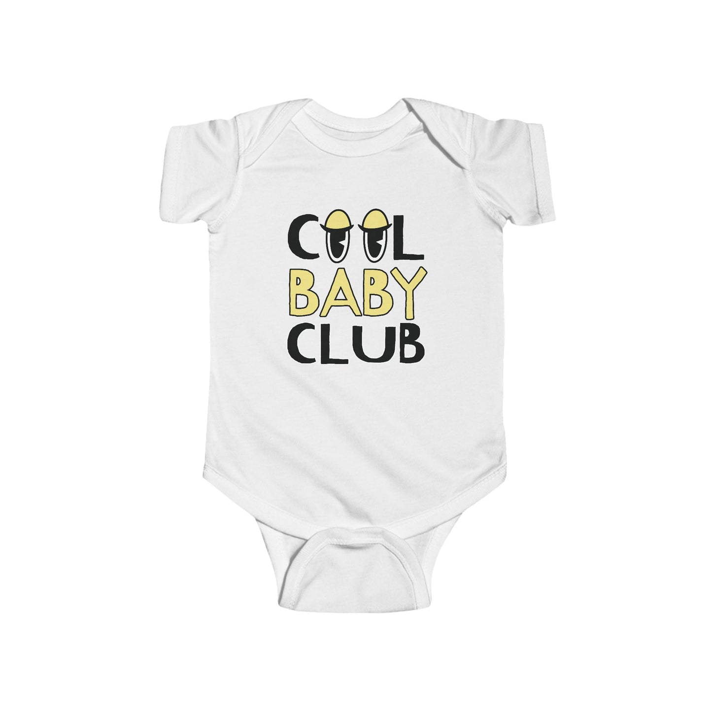 white infant bodysuit that says COOL BABY CLUB on the front in black and yellow lettering
