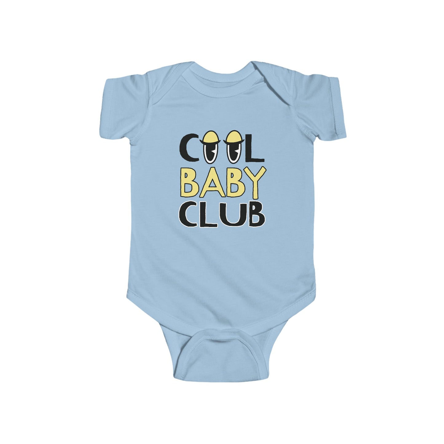 light blue infant bodysuit that says COOL BABY CLUB on the front in black and yellow lettering