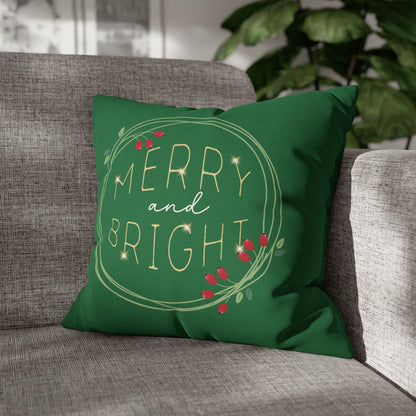 "Merry & Bright" Christmas Pillow Cover, Green