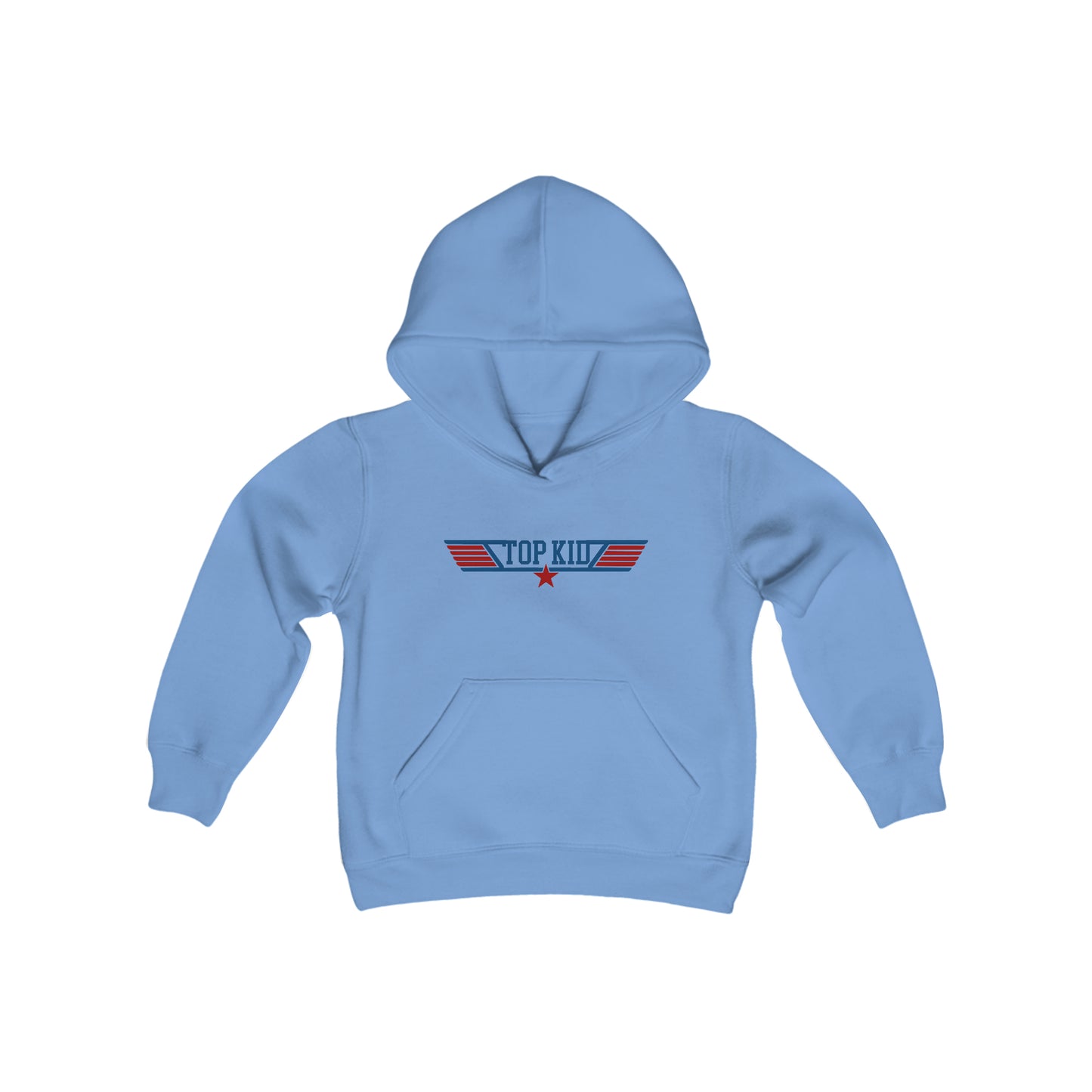 Light blue youth Aviation Hoodie with blue and red text that says TOP KID, featuring an aviation-style star and striped wings design on the front.