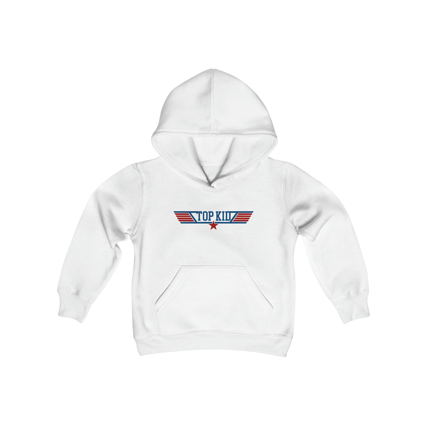White youth Aviation Hoodie with blue and red text that says TOP KID, featuring an aviation-style star and striped wings design on the front.