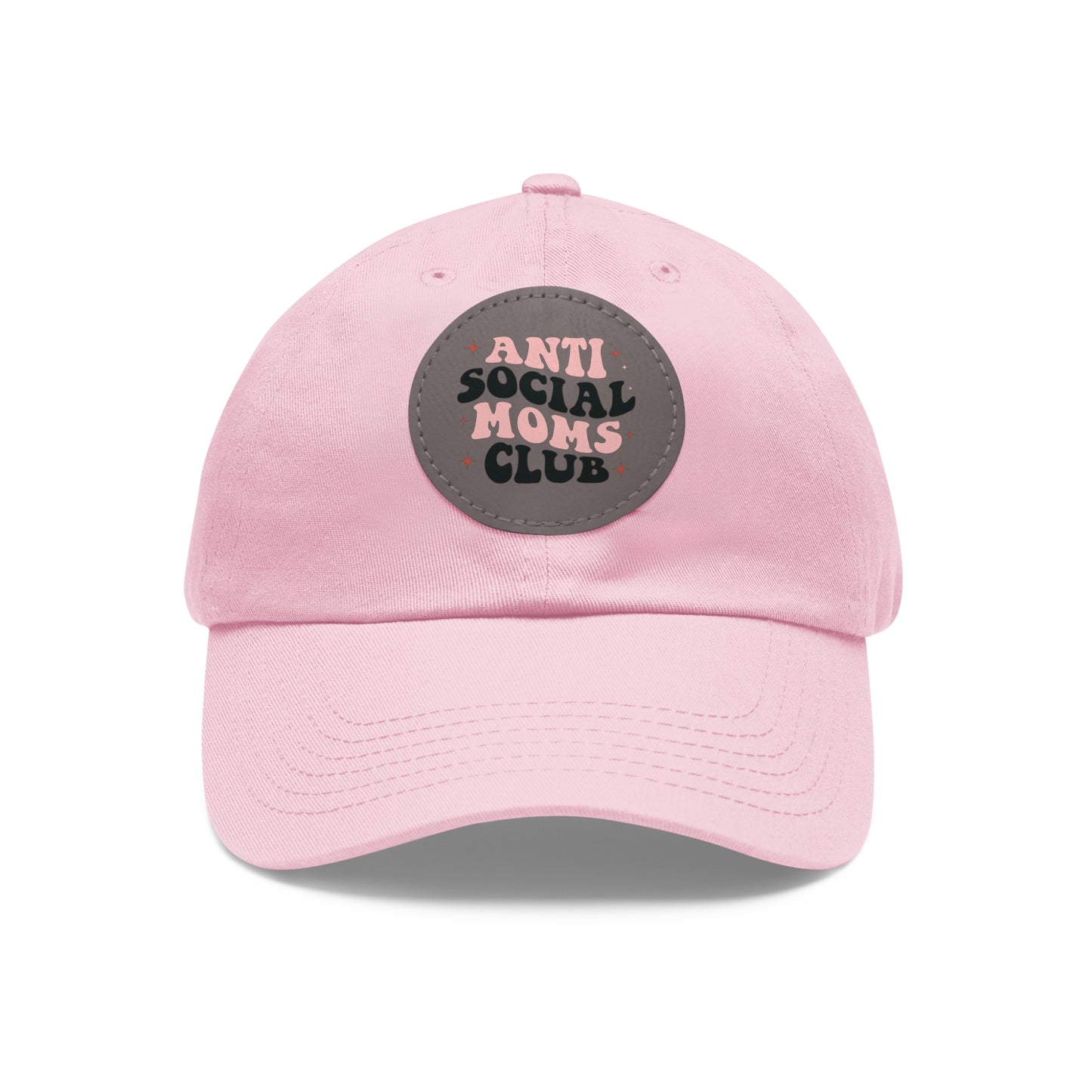 A light pink "Antisocial Moms Club" mom hat featuring a grey patch with bold letters.