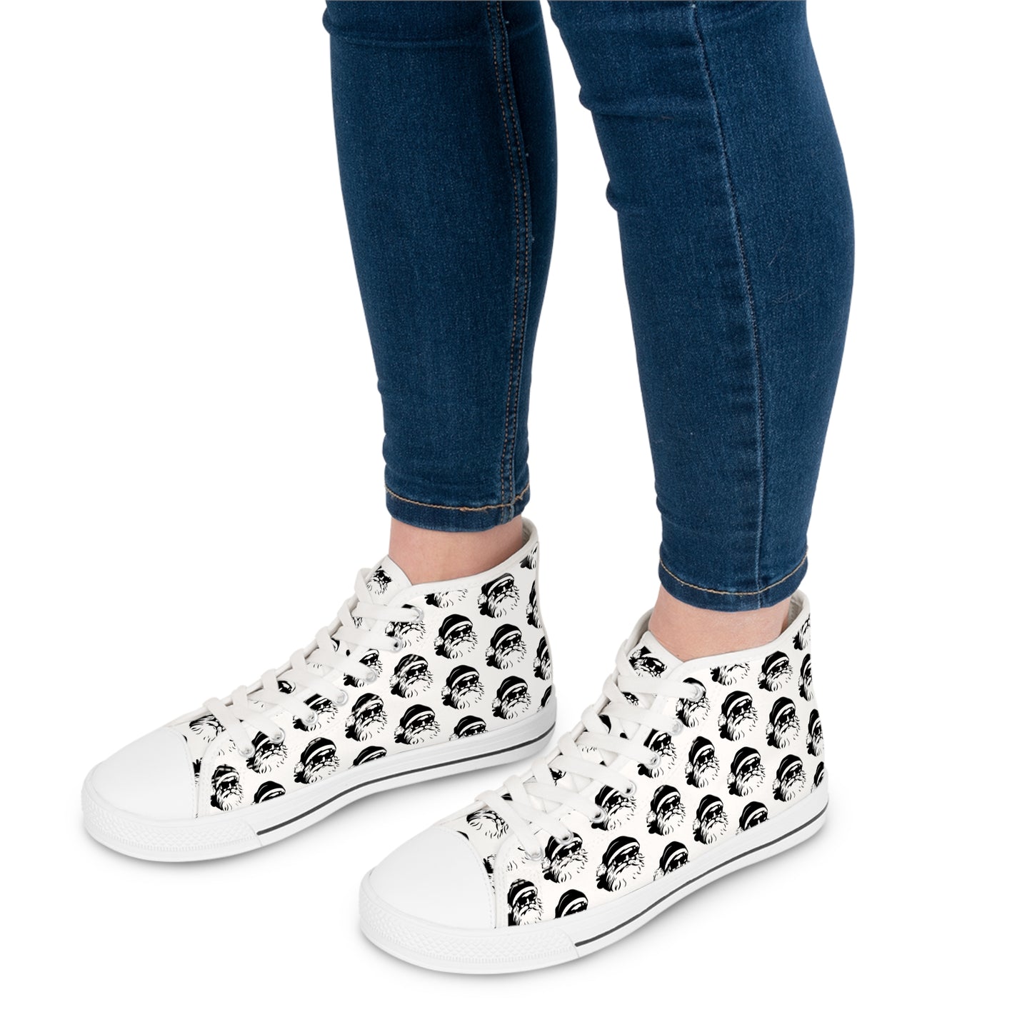 christmas high top sneakers with a black and white pattern of santa wearing sunglasses