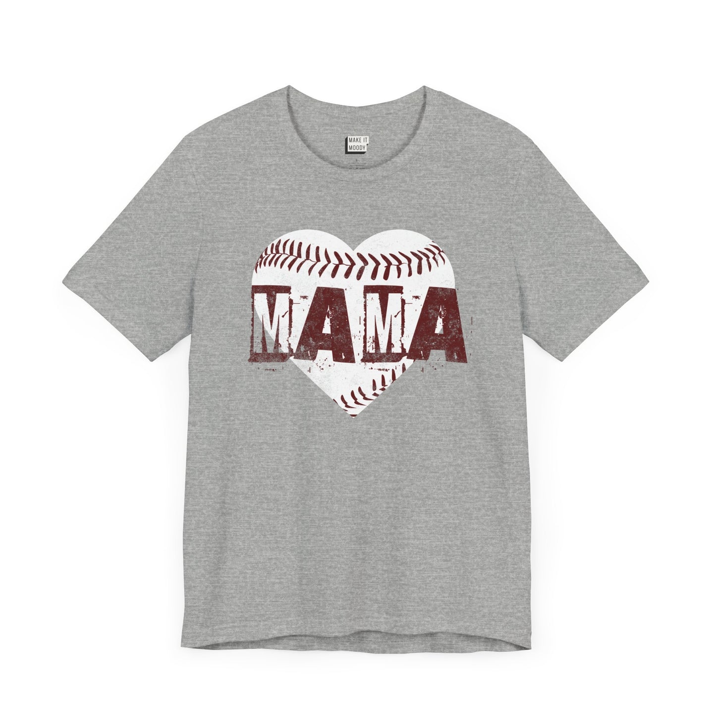 Heather grey baseball mama t-shirt with the word MAMA in maroon distressed font over a heart shaped baseball design.