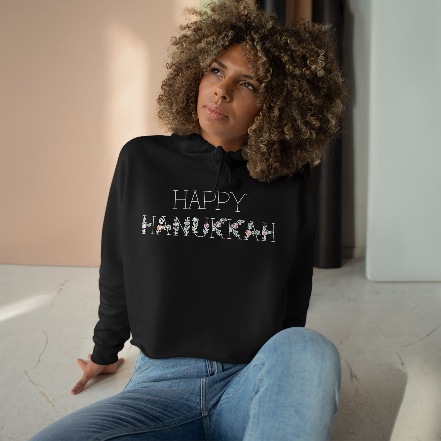 Flower "Happy Hanukkah" Cropped Hoodie