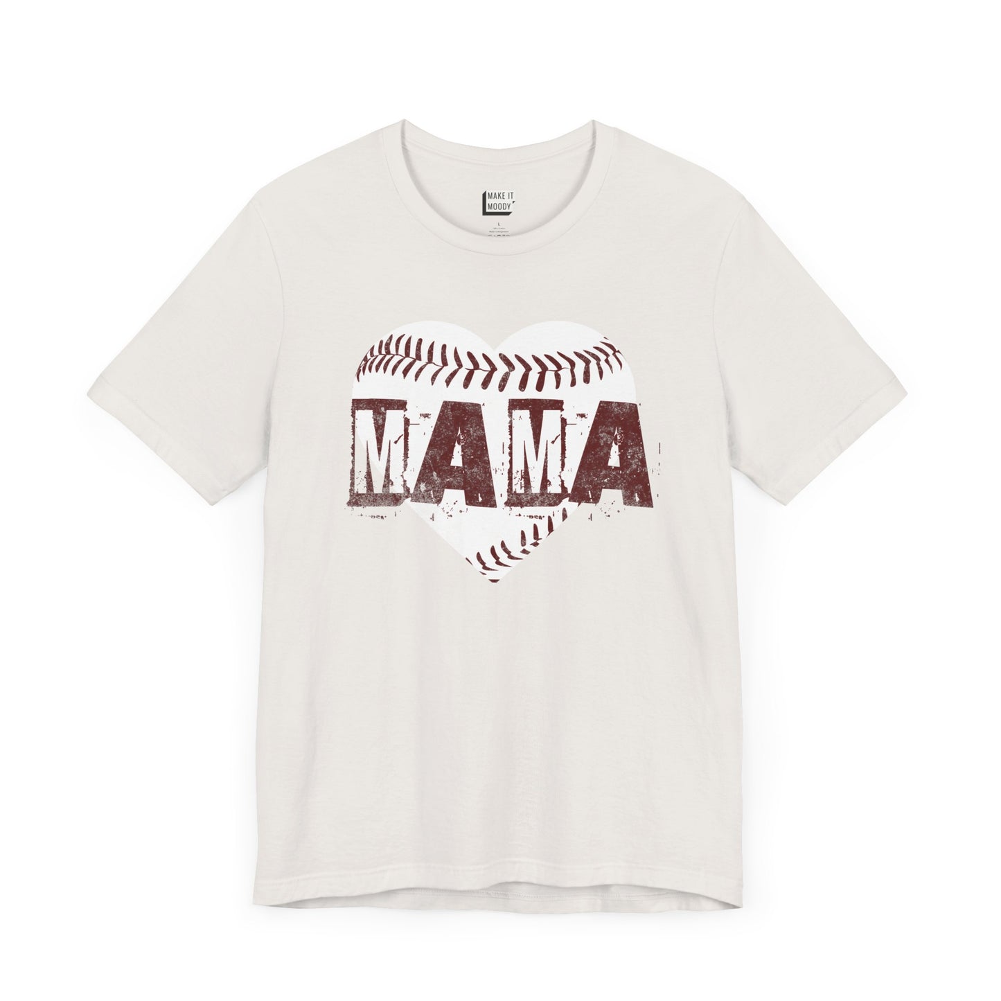 Vintage white baseball mama t-shirt with the word MAMA in maroon distressed font over a heart shaped baseball design.