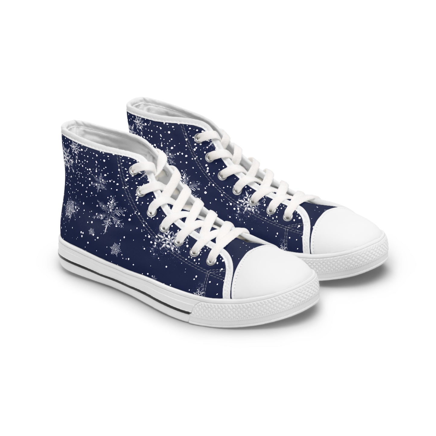 navy women's high top christmas sneakers with a printed snowfall pattern