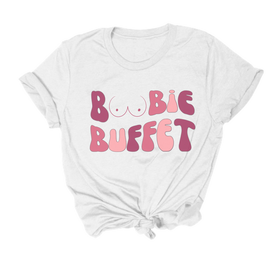 funny shirt for breastfeeding moms that says "boobie buffet" in a retro style font