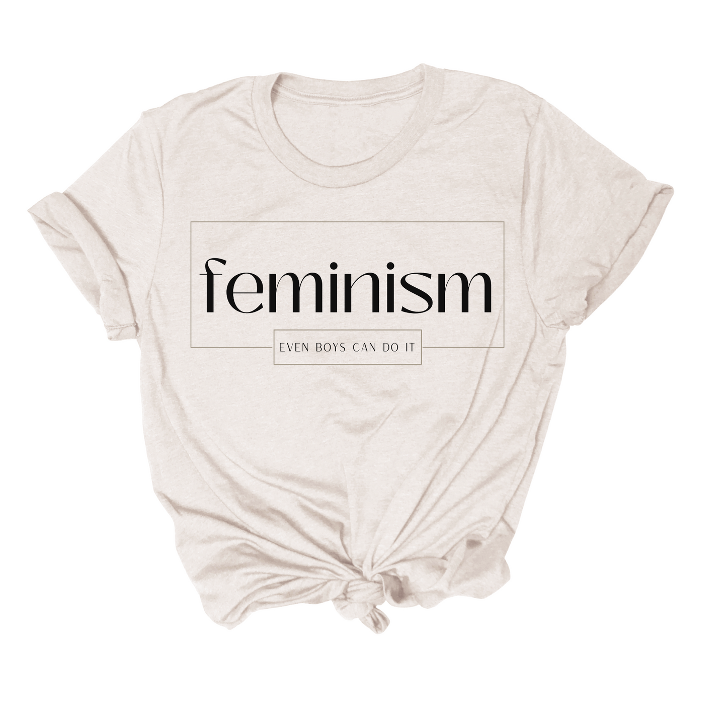 feminist themed tshirt that says feminism even boys can do it
