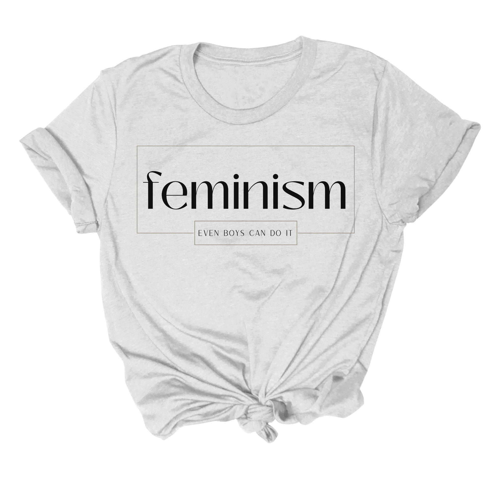 feminist themed tshirt that says feminism even boys can do it