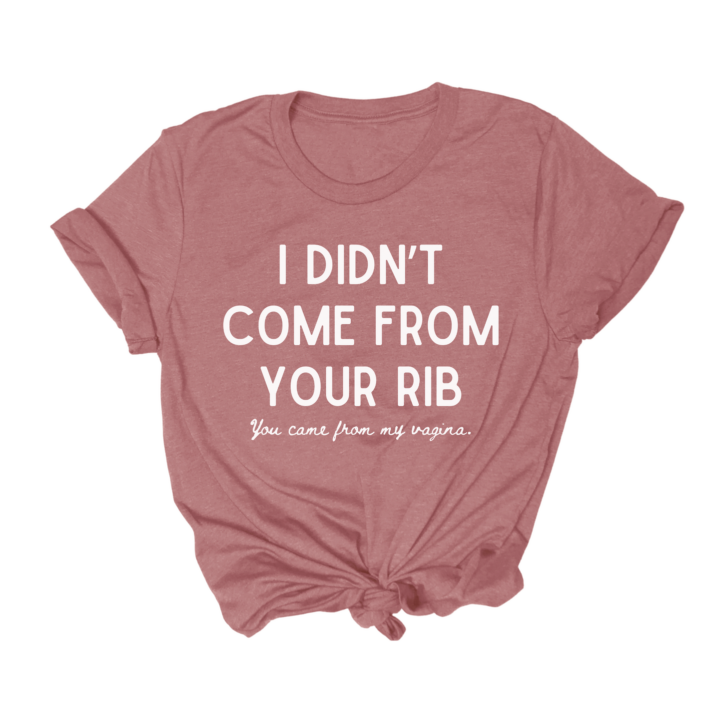 Feminist themed t shirt that says "I didn't come from your rib you came from my vagina."