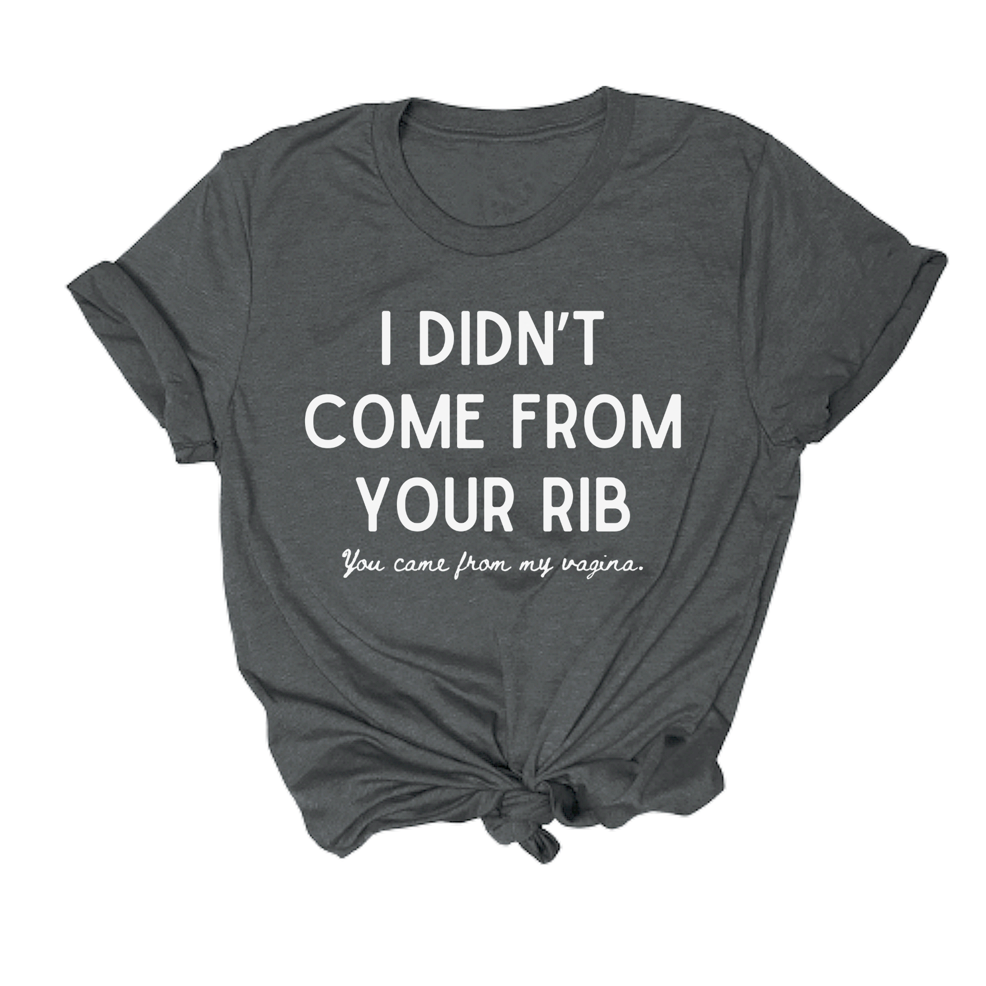 Feminist themed t shirt that says "I didn't come from your rib you came from my vagina."