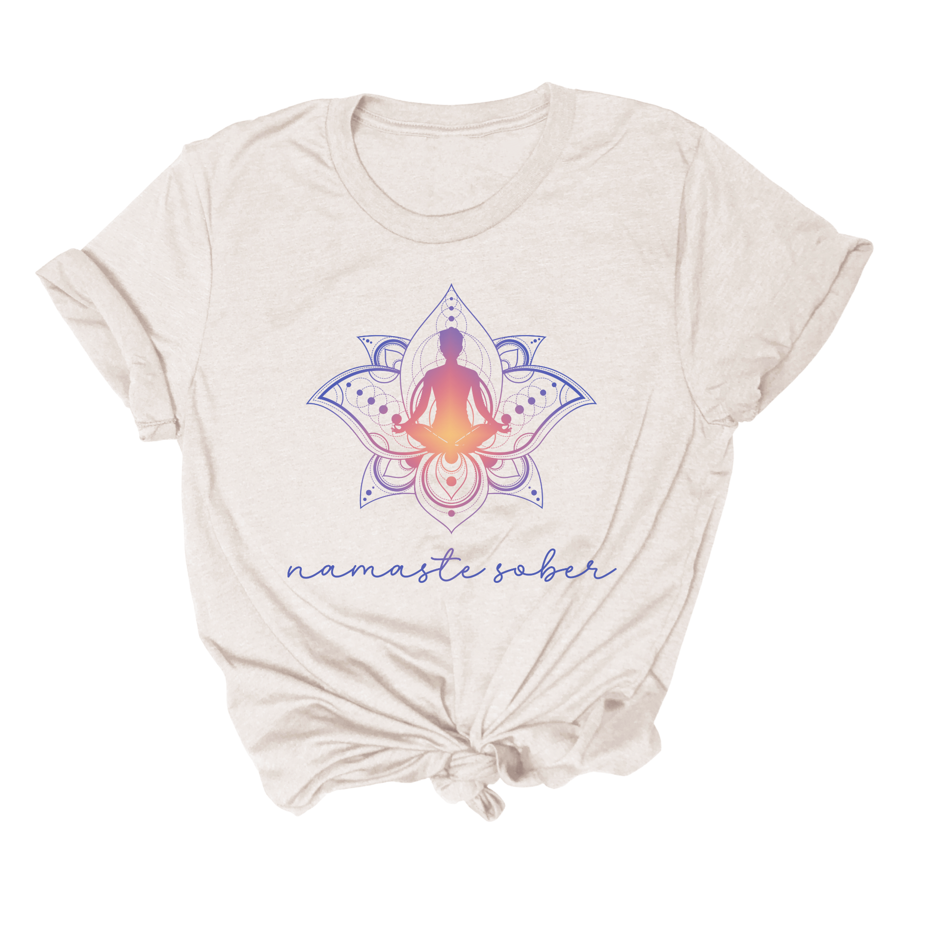 Namaste Sober Tee: Beige with a colorful lotus and meditating figure, featuring the text "Namaste Sober" underneath the design.