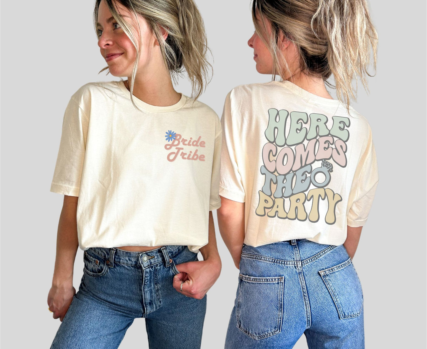 cute t shirt that says bride tribe on the front and here comes the bride on the back in a retro font