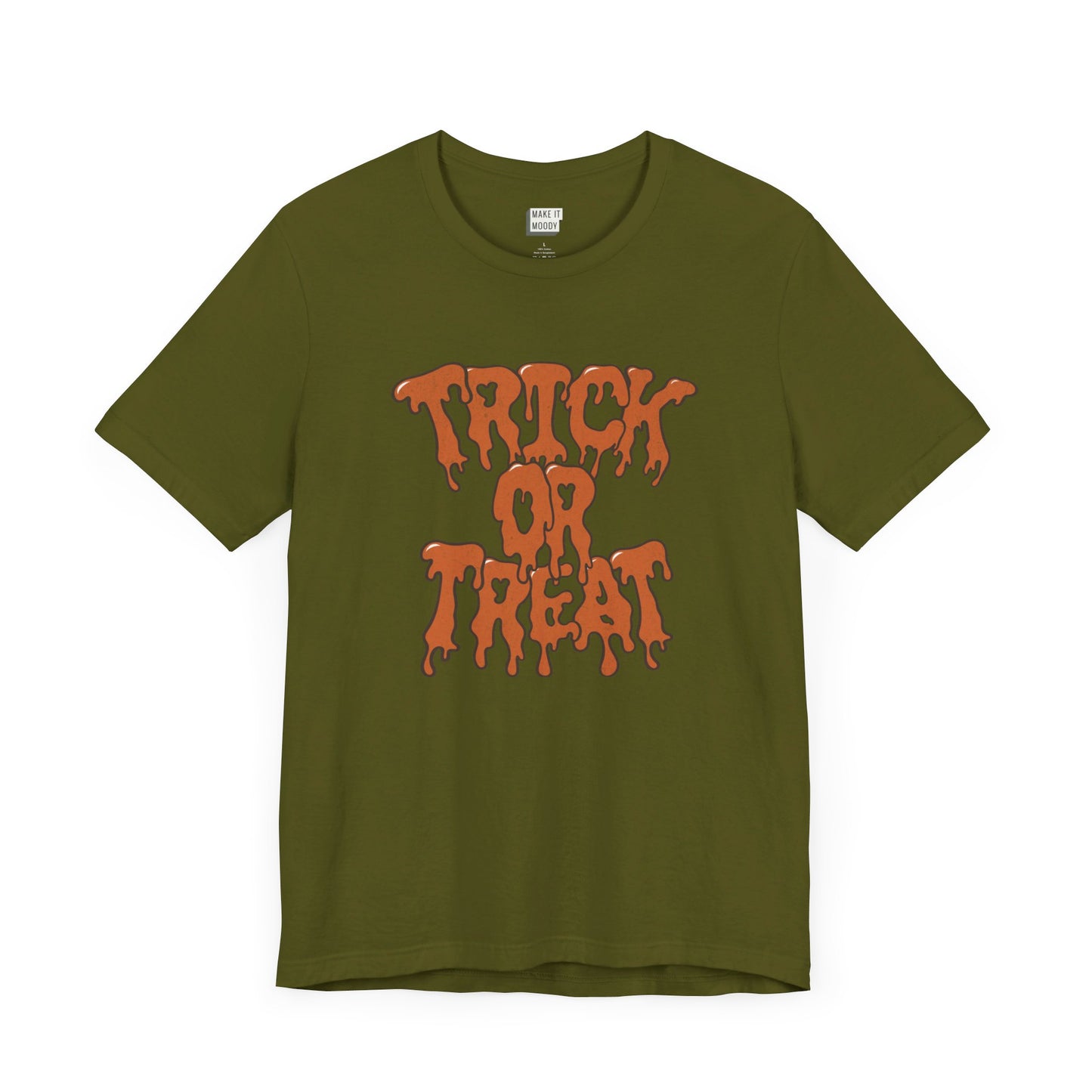 olive green halloween shirt that says trick or treat in orange spooky retro lettering