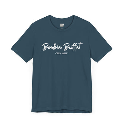 Deep teal breastfeeding t-shirt with boobie buffet, open 24 hours printed on the front in white.