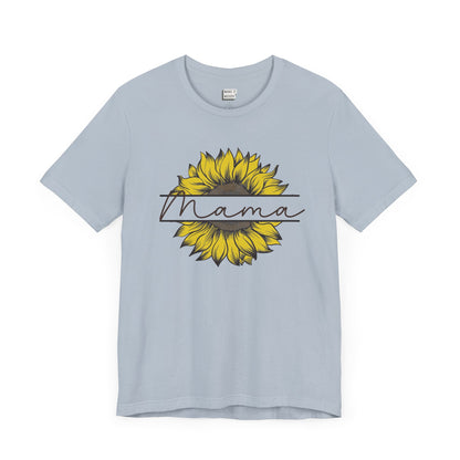 Mom t-shirt in light blue features a sunflower graphic with the word Mama across it in script font.