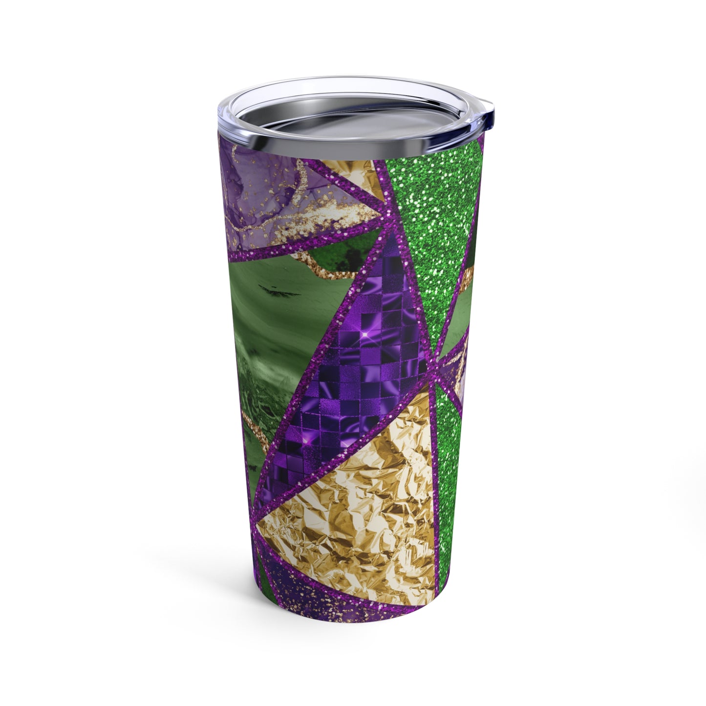 geometric print mardi gras themed wine tumbler