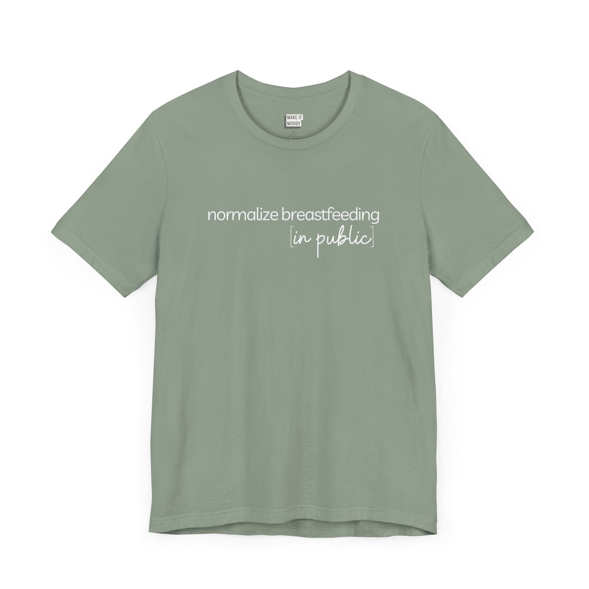 Breastfeeding t-shirt that says NORMALIZE BREASTFEEDING in public.