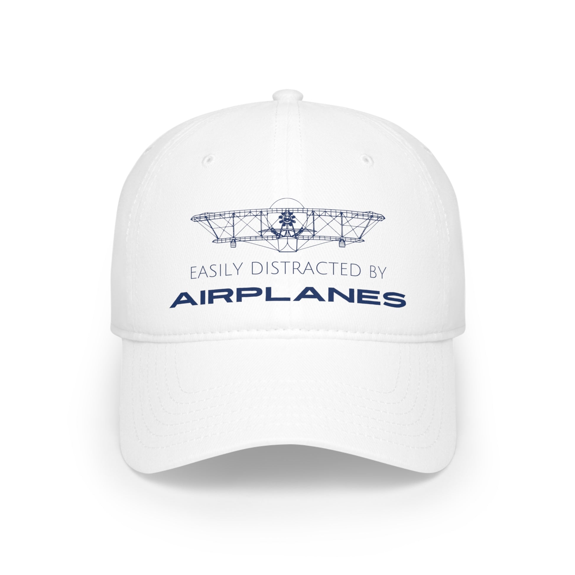 White "Easily Distracted By Airplanes" Aviation Hat with a design of an airplane on the front.