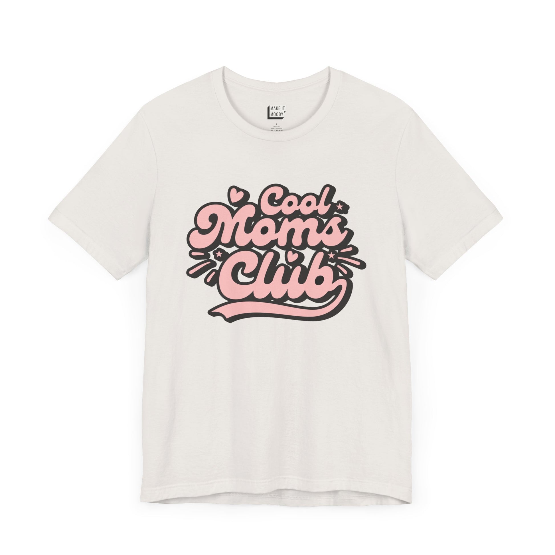 Vintage white mom t-shirt that says cool moms club in pink and black retro font.